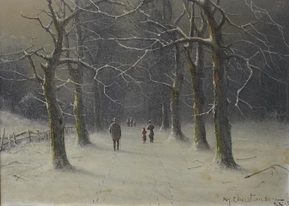 Nils Hans Christiansen (Danish, 1850-1922), oil on board, Figures on a lane in winter, signed, 21 x 29cm. Condition- fair/good